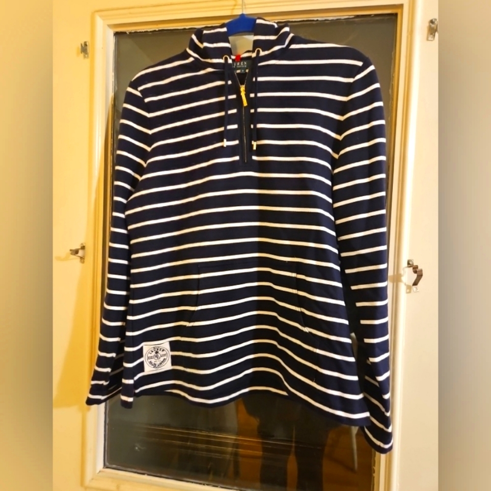 Ralph Lauren med cotton never worn zip front navy/ white stripe hoodie.